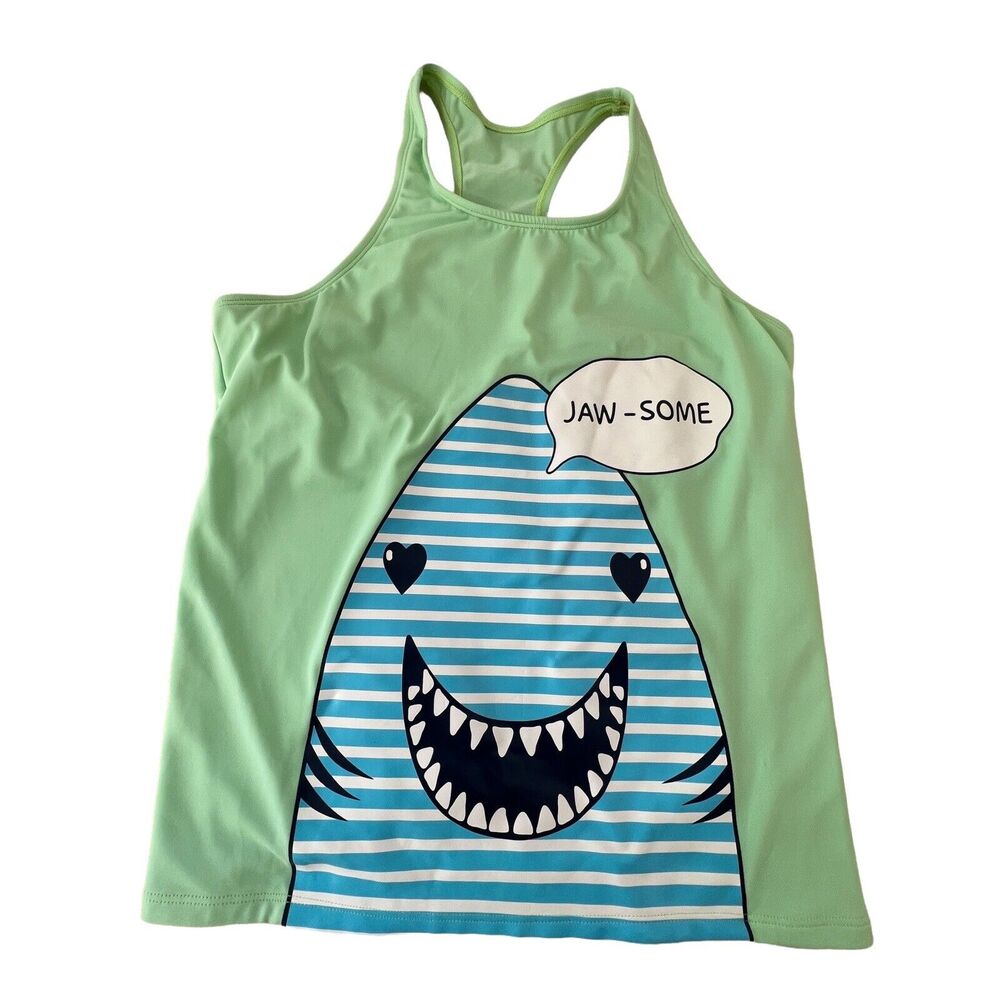 Land's End Girls Green Aqua Shark "Jaw-some" Racerback Swim Tank‎ Sz 16